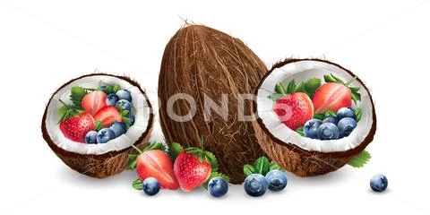 Coconut, blueberries and strawberry Stock Illustration