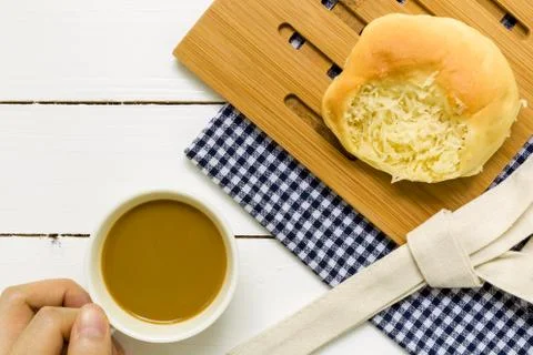 Coconut Bread Background / Coconut Bread / Coconut Bread with Coffee Backgrou Stock Photos