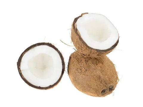 Coconut with brown shell and white flesh on white background Stock Photos