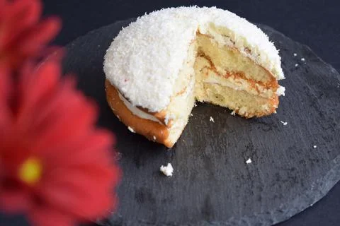 Coconut cake on a black background Stock Photos