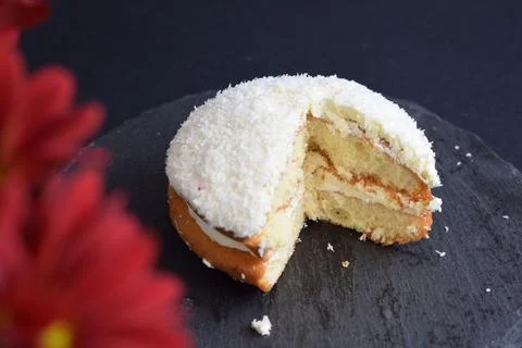 Coconut cake on a black background Stock Photos