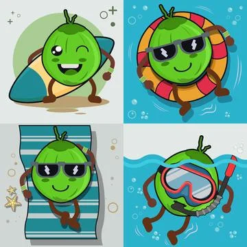 Coconut cartoon character activity on the beach vector illustration Stock Illustration