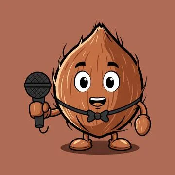 Coconut Character Holding Microphone Singing Fruit Mascot Vector Clipat Stock Illustration