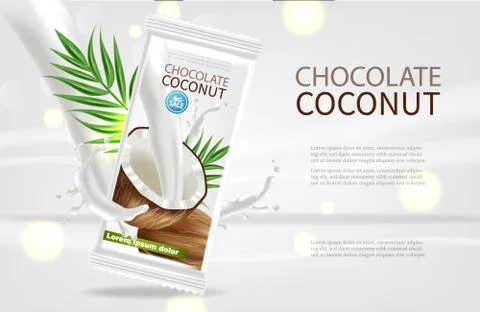 Coconut chocolate Vector realistic mock up. Product packaging label design. 3 Illustrazione stock