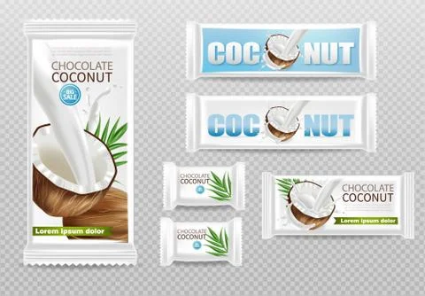 Coconut chocolates isolated Vector realistic mock up. Product packaging label Ilustración de archivo