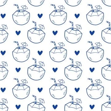 Coconut cocktail seamless pattern blue line art doodle tropical drink background Stock-Illustration