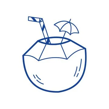 Coconut cocktail vector blue line art doodle tropical drink icon for beach Ilustração Stock