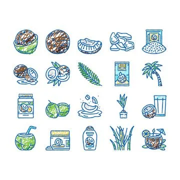 Coconut coco fruit fresh white icons hand drawn Stock Illustration