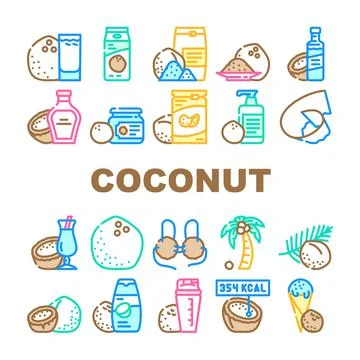 Coconut coco fruit white tropical icons set vector Stock Illustration