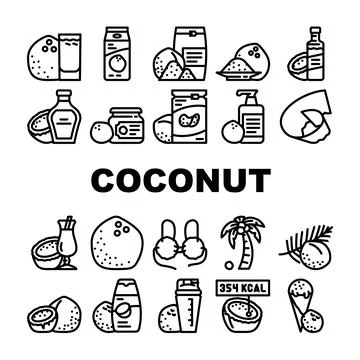 Coconut coco fruit white tropical icons set vector Ilustración de archivo
