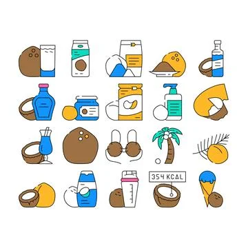 Coconut coco fruit white tropical icons set vector Ilustración de archivo