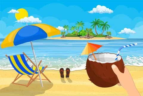 Coconut with cold drink in hand. Illustrazione stock