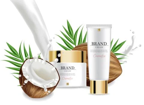 Coconut creams set collection Vector realistic. Product packaging mockup. Det Ilustración de archivo