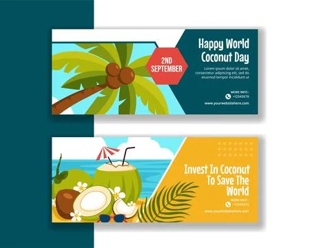 Coconut Day Horizontal Banner Flat Cartoon Hand Drawn Templates Background .. Illustrazione stock