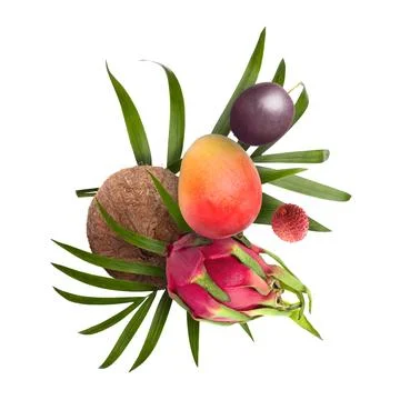 Coconut, dragonfruit, mango, lychee and maracuja in air on white background.. Stock Photos