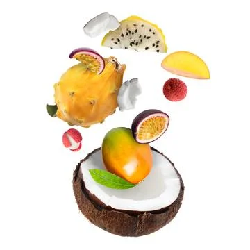 Coconut, dragonfruit, mango, lychees and maracuja in air on white backgroun.. Stock Photos