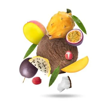 Coconut, dragonfruit, mango, lychees and maracujas falling on white backgro.. Stock Photos