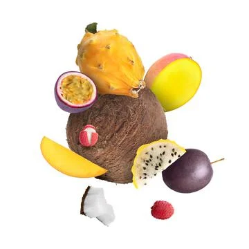 Coconut, dragonfruit, mango, lychees and maracujas in air on white backgrou.. Stock Photos