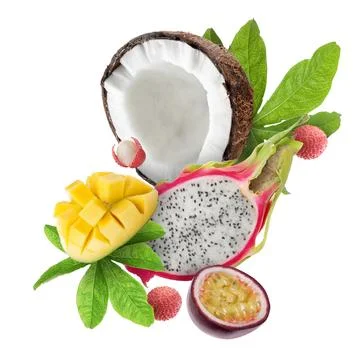 Coconut, dragonfruit, mango, lychees and maracuja in air on white backgroun.. Stock Photos