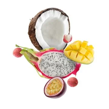 Coconut, dragonfruit, mango, lychees and maracujas in air on white backgrou.. Stock Photos