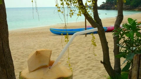 Coconut drink sitting on sandy beach, perfect for peaceful vacation. Relaxing Stock Footage 286421233
