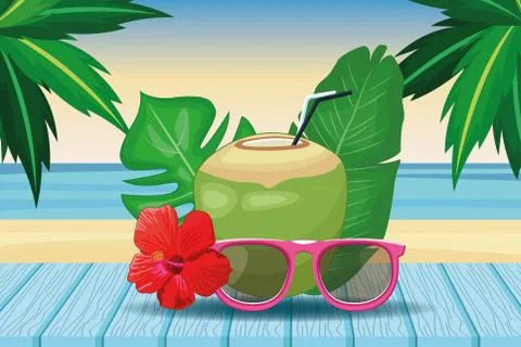 Coconut drinks and sunglasses Stock Illustration