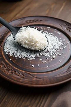 Coconut flakes separately, raw on a clay plate and spoon Stock Photos