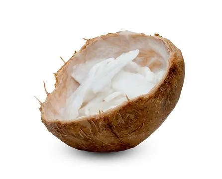 Coconut flakes in shell isolated on white background Stock Photos