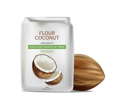 Coconut flour vector realistic package. Product placement mock up detailed la Stock Illustration