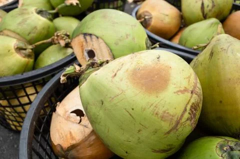 Coconut fruit at a basket Stock Photos