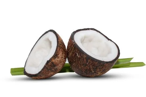Coconut fruit with cut in half isolated on white background Stock Photos
