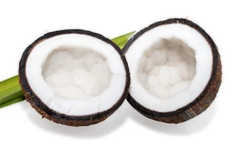 Coconut fruit with cut in half isolated on white background Stock Photos
