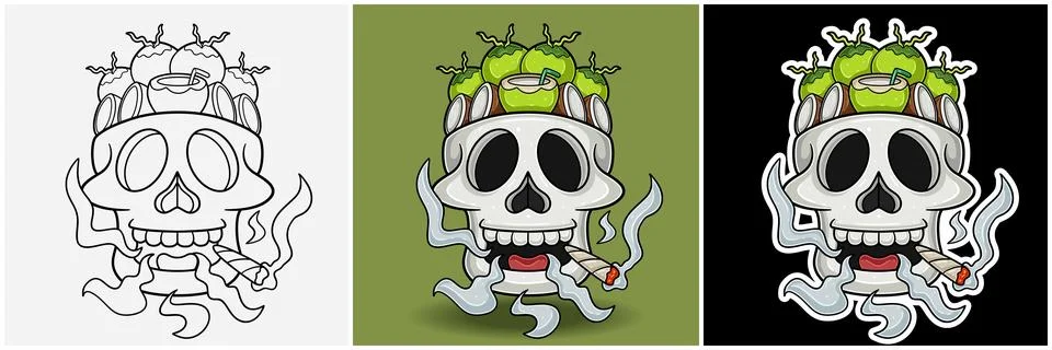 Coconut Fruit Inside Skull Head With Smoking Character Cartoon. Black White.. Stock Illustration