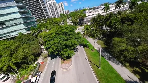 COCONUT GROVE CRUSING DOWN THE ROAD MIAMI FPV DRONE AERIAL Stock Footage 301162699