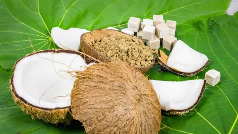 Coconut half coconut sugar and sugar cubes on green leaves background. 스톡 동영상 89675763