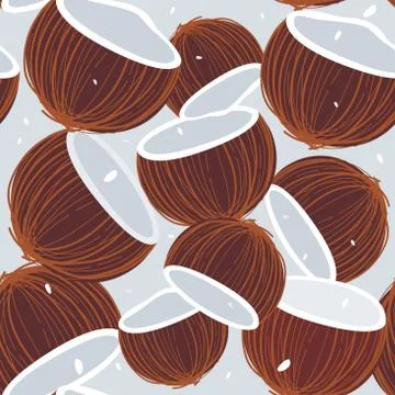 Coconut halves seamless pattern. Exotic fruits. Vector illustration. 스톡 일러스트