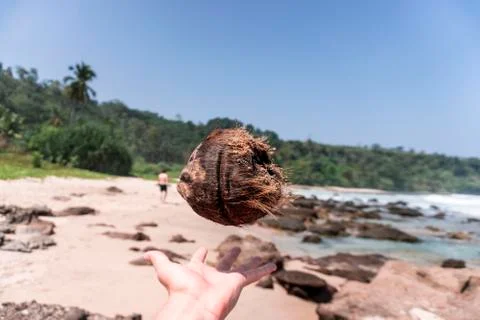 Coconut hovering above a hand Stock Photos