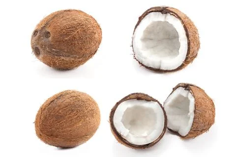 Coconut isolated on white background, set of five coconuts Stock Photos