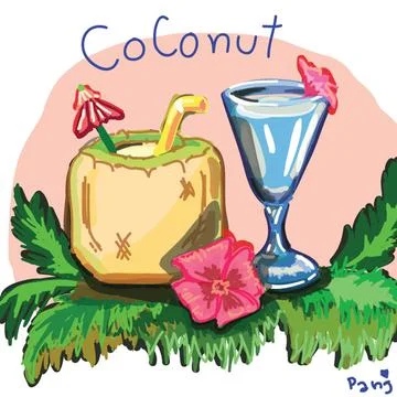 Coconut juice on coconut leaf 스톡 일러스트