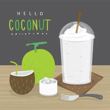 Coconut Juice, Drink Smoothie and half slice coconut vector.  Illustrazione stock