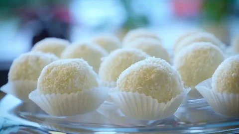 Coconut laddu candy on candy bar Stock Footage 69218572