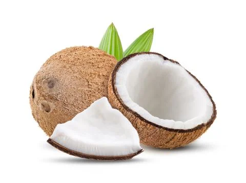 Coconut with leaf isolated on white background. full depth of field Stock Photos