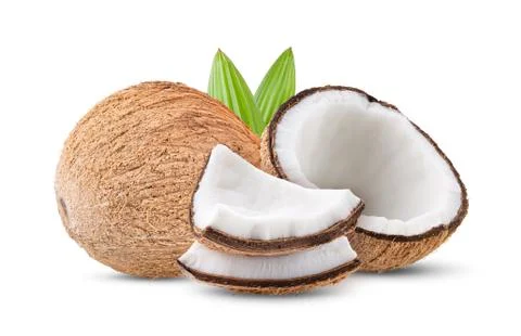 Coconut with leaf isolated on white background Stock Photos