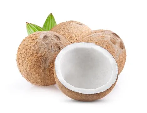 Coconut with leaf isolated on white Stock Photos
