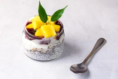 Coconut Mango Chia Seed Pudding Healthy Vegan Diet Dessert Horizontal Copy Sp Stock Photos