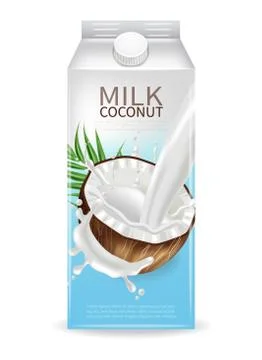 Coconut milk container Vector realistic mock up. Milk splash label design. Pr Ilustración de archivo