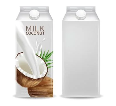 Coconut milk container Vector realistic mock up. Milk splash label design. Pr Ilustración de archivo