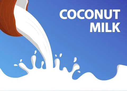 Coconut in a milk splash on blue background.Non dairy vegan food and drink. Stock Illustration