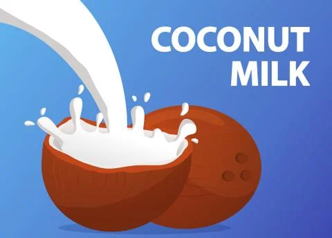 Coconut milk splash on blue background.Non dairy vegan food and drink. Stock Illustration