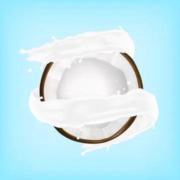 Coconut in a milk splash Stock Illustration